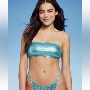 Set-Teal foil like Shimmering Bandeau Bikini top + low rise high leg bottom